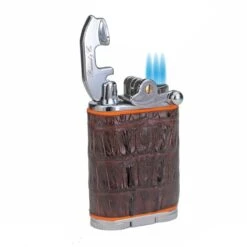 Brizard & Co. Gatsby Genuine Caiman Tobacco And Orange Leather Triple Torch Flame Table Lighter