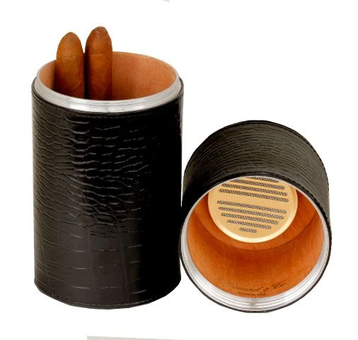 Brizard Cylinder Desktop Humidor Croco Pattern Black Leather - Made In The USA 3 Brizard Cylinder Desktop Humidor Croco Pattern Black Leather - Made In The USA