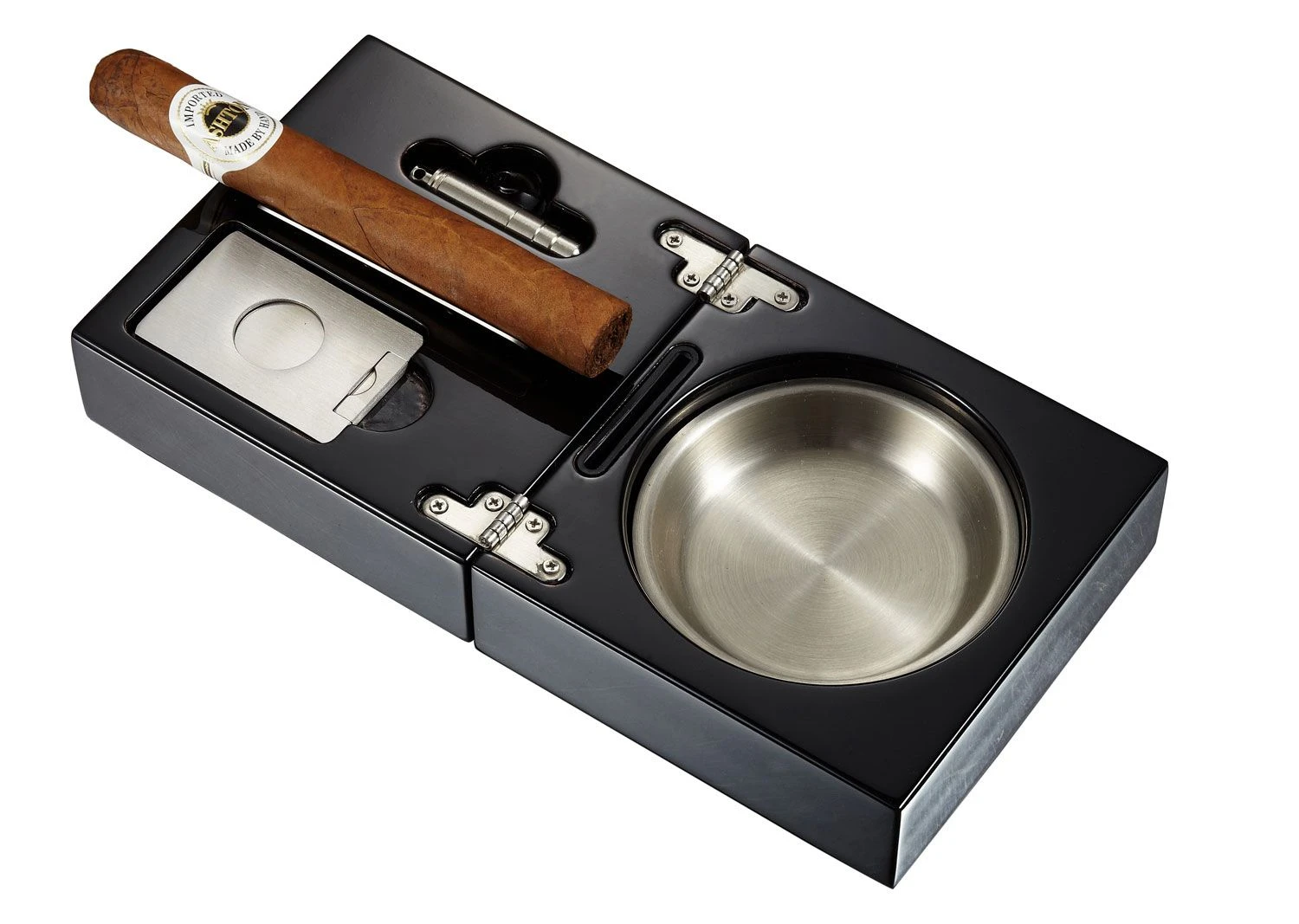 Visol Bremen Black Lacquer Folding Cigar Ashtray With Cutter And Punch 3 Visol Bremen Black Lacquer Folding Cigar Ashtray With Cutter And Punch