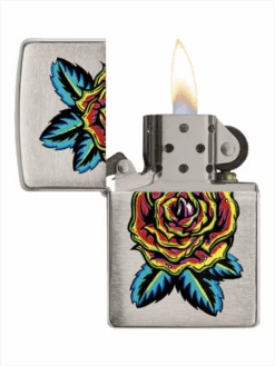 Zippo Flower Color Image On Brushed Chrome Lighter